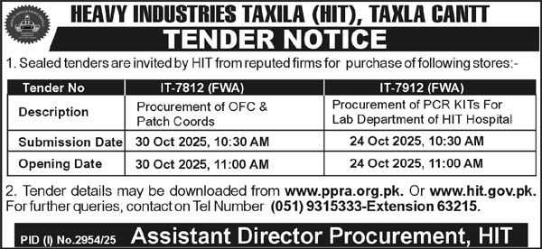 Heavy Industries Taxila Tender Notice